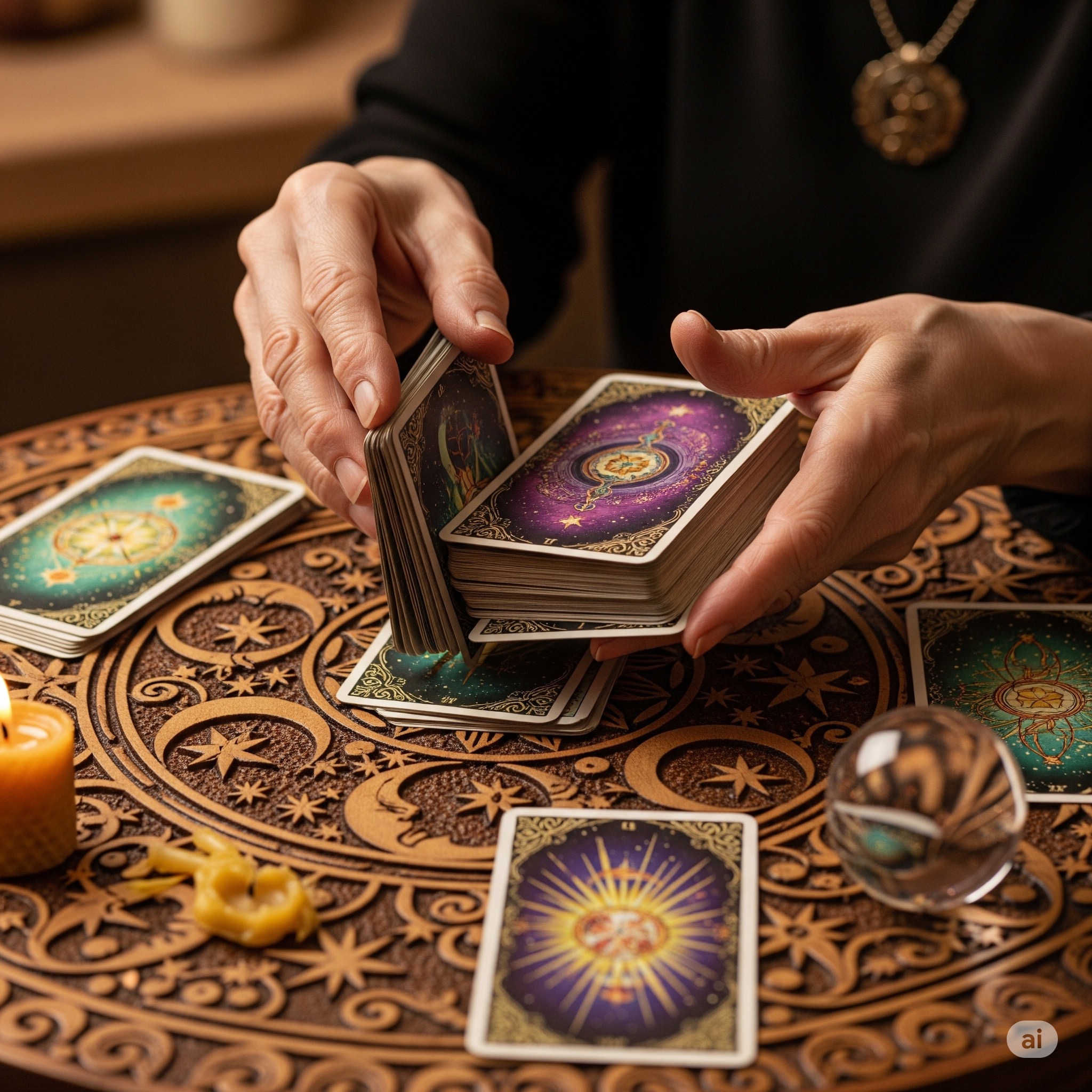 A tarot deck waiting to be shuffled for a reading